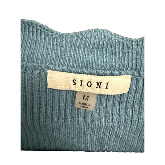 Sioni Cardigan Sweater Button Front Ribbed Sheer Floral Sleeves Blue Medium - Picture 8 of 12